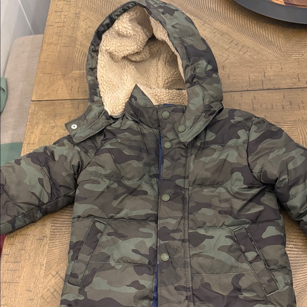 Kids Camo Puffer Jacket with Sherpa Hood